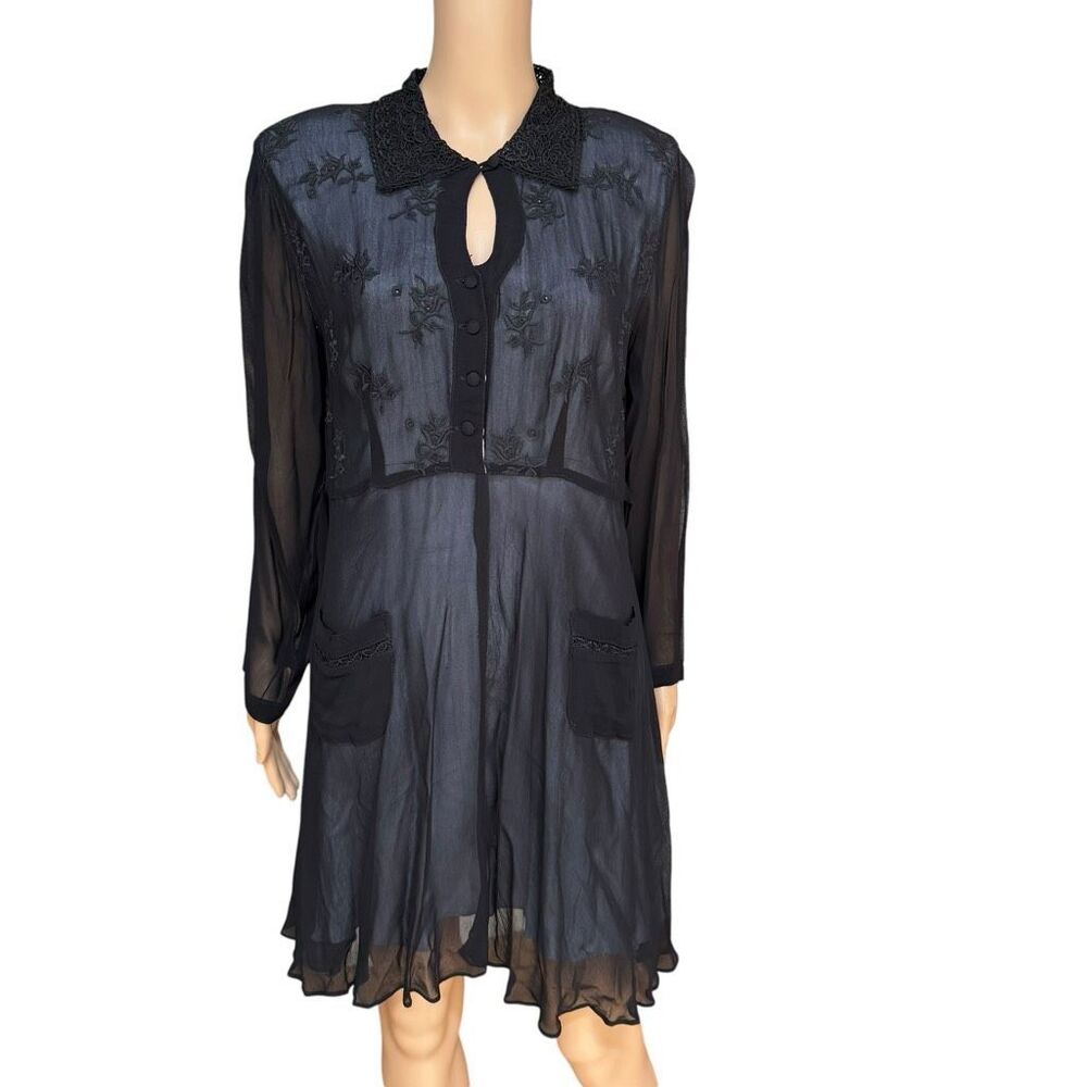Nostalgia vintage Black 100% Rayon Sheer Embroidered Dress Boho Cottagecore Sz M